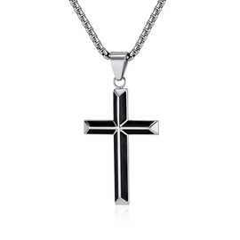 Rnivida Cross Necklace for Men, Silver Black Stainless Steel Beveled Edge Cross Pendant Necklace for Men (22 inches, Silver)