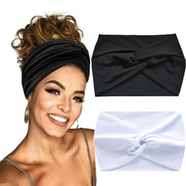 Hexchasty 2Pcs Turban Headbands for Women Thick Fashion Boho Stretchy Cute Extra Wide large Headbands Fabric Knotted Cloth Twisted Headband Head Wraps for Womens Girls Yoga Black (White+Black)