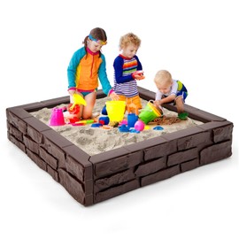 KOTEK Kids Sandbox with Cover, 47x47 Inch HDPE Sand Pit, Brick-Textured Design & Bottom Liner, Easy Assembly, Weather Resistant Outdoor Play Sand Box for Backyard Garden (Brown)
