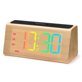 Cadmos Wooden Dynamic RGB Digital Alarm Clock for Bedroom,Dual Alarm with Large Numbers,Loud Adjustable Volume for Heavy Sleepers,Snooze,DST,Wood Decor,Bedside & Desk Use(Bamboo - RGB Digits)