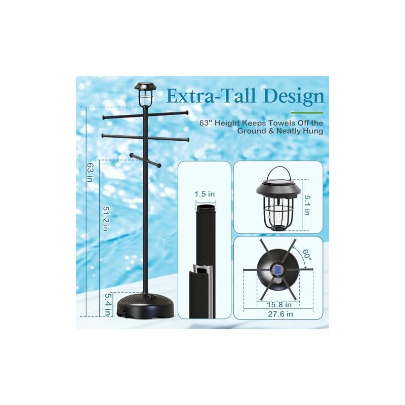 Sturdy & Solar-Powered Pool Towel Rack Outdoor - Adjustable Towel
