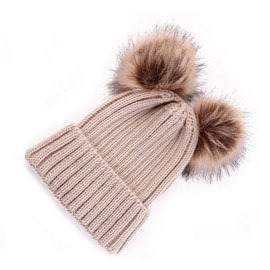 Women Winter Chunky Knit Double Pom Pom Beanie Hats Cozy Warm Slouchy Hat, Khaki, One Size