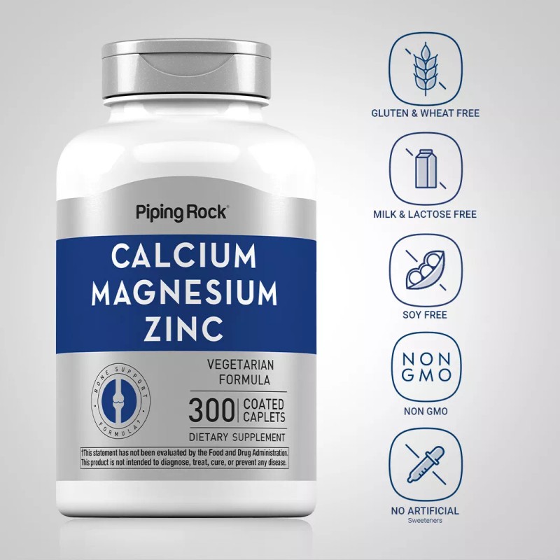Piping Rock Calcium Magnesium Zinc Supplement | 300 Caplets |