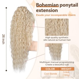 FLUFYMOOZ Ponytail Extension, 26 Inch Bohemian Style Drawstring Ponytail Hair Extensions for Women, Long Curly Wavy Ponytail Natural Synthetic Hairpiece for Women (26 Inch Cool Blonde)