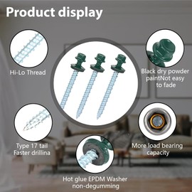 Metal Roofing Screws 10 x 2 inch, Green Hex Head Sheet Metal Roof Screw with EPDM Washer for Corrugated Roofing (250Pcs)