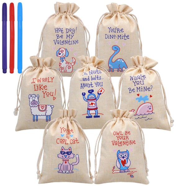 JOYIN 28 Valentine Drawstrings Canvas Bags with 3 Pens, 4x5.75 Inch Drawstring Pouch Candy Gift Linen Pockets for Kids Party Favor, Classroom Exchange Prizes