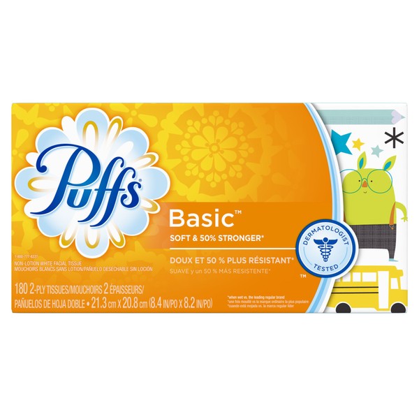 Puffs Basic Facial Tissues; 1 Family Box; 180 Tissues Per Box (Pack of 24) (Old Version)