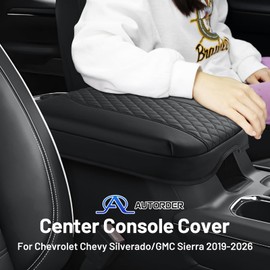 Autorder Center Console Cover for 2019-2025 2026 Chevy Silverado/GMC Sierra Accessories Armrest Cushion Cover Nappa Leather Middle Console Covers Console Cushion Pad Anti-Scratch(Bucket Seat Only)