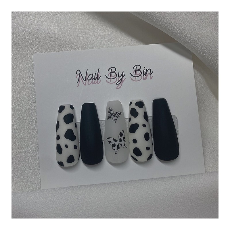 [Handmade Nail Tips] Matte Black Cow Nails - Coffin Egg