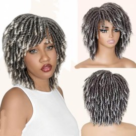 Gray Short Dreadlock Wig for Women and Men, Synthetic Afro Twist Braided Wigs Faux Locs Hair Full Machine Made Glueless Curly Wigs Ombre Grey Color