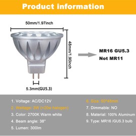 ALIDE Short MR16 GU5.3 LED Bulbs 3W(Height 1.9inch),Replace MR16 20W 30W Halogen,12V Low Voltage,2700K Soft Warm White MR16 Spotlight Bulb for Outdoor Landscape Yard Track Lighting,300lm,38 Deg,6 Pack