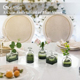 Glasseam Green Glass Bud Vase: Mini Small Vases for Centerpieces Cute Flower Vase Set of 5 Tiny Vases for Flowers Decorative Centerpiece Vases for Table Decor Wedding Party Dining Room Decoration
