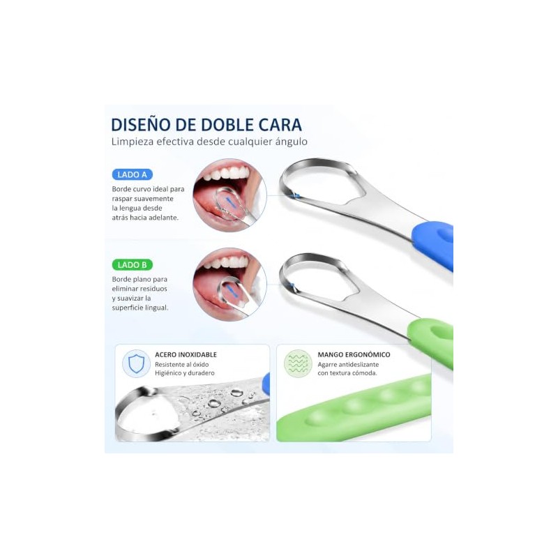 Limpiador de Lengua, 2 de Acero Inoxidable con Estuches (Azul;