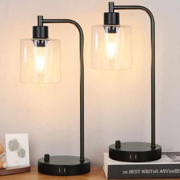 Set of 2 Industrial Table Lamps with 2 USB Port, Fully Stepless Dimmable Lamps for bedrooms, Bedside Nightstand Desk Lamps with Seeded Glass Shade for Reading Living Room Office 2 LED Bulb Included