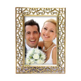 MIMOSA MOMENTS Heart Border Metal Picture Frame with Rhinestones Décor (Brass, 4X6)