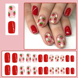 Jremg Strawberry Press on Nails Short Square Fake Nails Cute Flower Strawberry False Nails Glossy Solid Color Red Full Cover Glue on Nails Reusable Stick on Nails for Women Girls Manicure Art 24Pcs