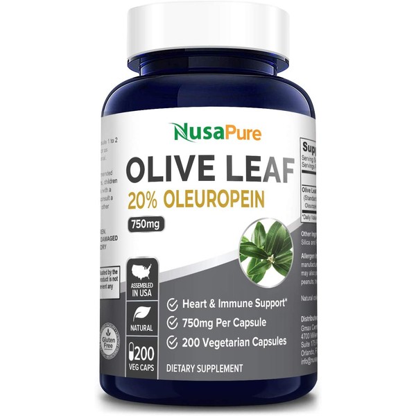Olive Leaf 15,000 mg 200 Capsules 20% Oleuropein (Extract Ratio 20:1 750mg, Vegan, Non-GMO & Gluten-Free) Super Strength - No Oil