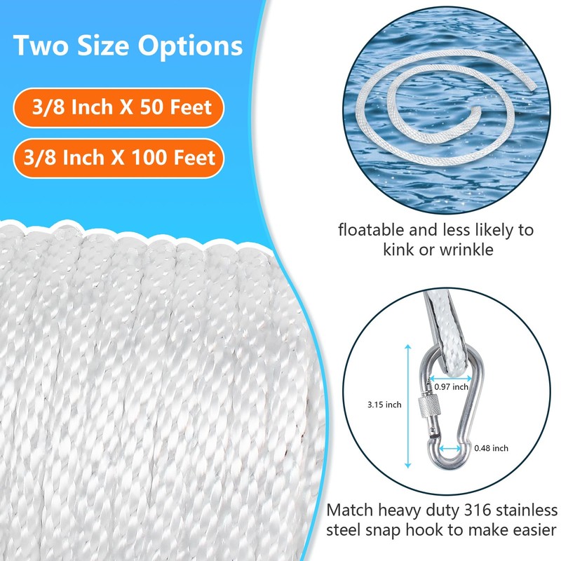 Anchor Rope 50 Ft, Premium Solid Braid MFP Anchor Line