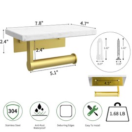 Brushed Gold Toilet Paper Holder with Marble Shelf, DAYELIVE 304 Stainless Steel Wall Mounted Toilet Paper Holder, Tissue Holder Toilet Paper Roll Holder for Bathroom Washroom