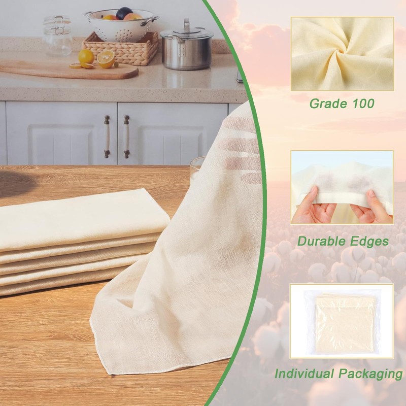 6 PCS Grade 100 Reusable Cheesecloth - 100% Unbleached Cotton