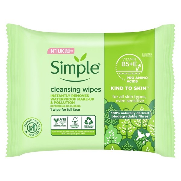 Simple Kind To Skin Biodegradable Cleansing Facial Wipes X 25