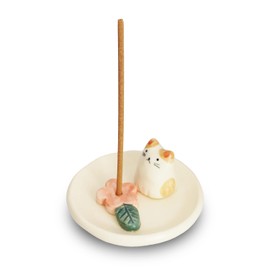 COTONOHA Charming Animal Series Ceramic Incense Holder, Japanese Pottery, Perfect for Relaxation and Concentration, Made in Japan (Small Flower Cat)