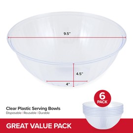 96 oz Clear Plastic Serving Bowls (6 Pack) Disposable Candy Dishes, Buffet Containers for Chips, Popcorn, Snacks, Mints, Salad Bar, Snack Bowl Parties, Office Desk, Bridal Shower, Party Supplies