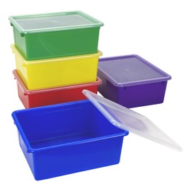 Storex Letter Size Deep Storage Tray – Organizer Bin with Non-Snap Lid for Classroom, Office and Home, Assorted Colors, 5-Pack (62542U05C)