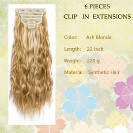 Clip in Hair Extensions for Women 6PCS Clip Ins Long Wavy Curly Hair Extension 22 Inch Synthetic Hair Extension Thick Hairpieces (Ash Blonde)