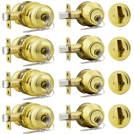 Probrico Door Knob and Single Cylinder Deadbolt Lock Set, Polished Brass Front Door Handle and Deadbolt,Keyed Alike Reversible Deadbolt and Knob Set, Exterior Door Lock Set with Deadbolt,4Pack