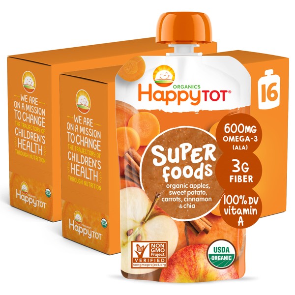HAPPYTOT Organics Super Foods Stage 4, Apples, Sweet Potatoes, Carrots & Cinnamon + Super Chia, 4.22 Ounce Pouch (Pack of 16)