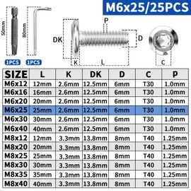 XRXYMQ Pack of 25 M6 Flat Head Screws M6 x 25 mm 304 Stainless Steel Screws Pan Head Screws Torx with Screwdriver Bit Wrench for Assembly Maintenance
