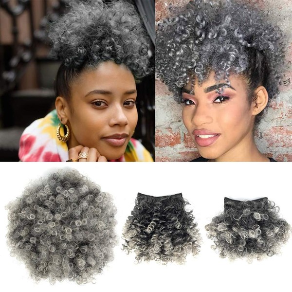 Afro Puff Drawstring Ponytail with Replaceable Bangs Gray Afro High Puff Bun with 2 Bangs Short Afro Curly Hair Bun Clip in Hairpieces Pineapple Ponytail with Bangs