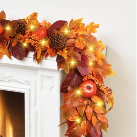 SHareconn 9ft Fall Garland with Lights, Autumn Leaves Garland with Realistic Pumpkins, Thanksgiving Decorations for Mantle Home Party Wedding Table Porch Indoor Outdoor, Orange, 9 FT