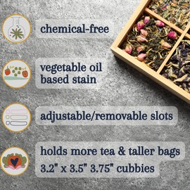 Zen Earth Inspired Bamboo Tea Organizer Box Chemical Free Eco-Friendly Big, Tall, Adjustable Cubbies Natural Wooden Storage Chest (8-Slot 14.3" x 8.1" x 4.2" with Tea Time design)