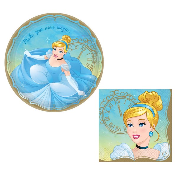 Cinderella Themed Party Supplies: Bundle Includes Round Dinner Paper Plates and Napkins for 16 People