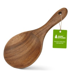AIUHI Wooden Rice Paddle, Teak Wood Rice Spoon with Hanging Hole, Non-Stick Safe Wooden Serving Spoon for Rice, Grains & More