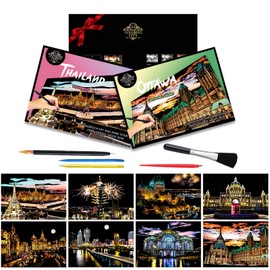 Toulideifaria 8 Sheets Rainbow Scratch Paper Art City Night View Scratch Painting Kit for Graduation Gifts Arts and Crafts for Teenagers ，Women ，Adults（Asia & Canada City Night View）