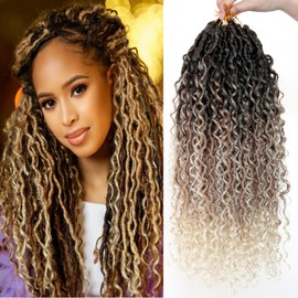 Curly Faux Goddess Locs Crochet Hair 18Inch Pre Looped Synthetic Deep Curly Hairstyle Hippie Locs Crochet Braids Extensions （1B/27/613,18inch(Pack of 4))