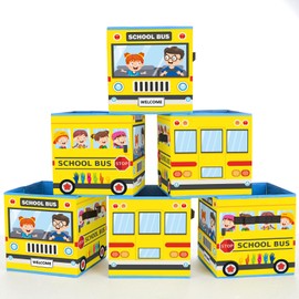 6 Pcs 11 Inch Bus Fabric Storage Bins Back to School Collapsible Cube Baskets with Handles Foldable Classroom Organization Supplies for Cubbies Toy Box Books Preschool Kindergarten Home Decorations