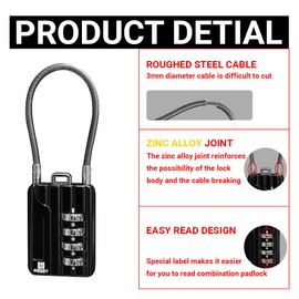 RESET-200 (1 Pack) 4 Digit Combination Cable Padlock with 4.72 inch (12 cm) Flexible Cable, Small Lock for Locker, Luggage, Backpack, Cabinet, Gym Bag, Toolbox, Travel – Black