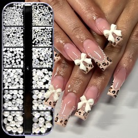 2Boxes Half Round Flatback Pearl Nail Charms Gold Silver Half Round Pearls Nail Rhinestones White Beige Caviar Beads Nails Gems with Pencil and Tweezer for DIY Nail Art, Face Makeup and Crafting