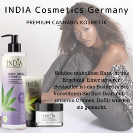 BODY CARE SET mit Bio Hanfsamen Öl-Extrakt von INDIA COSMETICS GERMANY, hochwertige Premiumqualität, Bodylotion ohne Parabene, 1 Gesichtscreme, 1 Serum Hautcreme, 1 Bodybalm, Hanf-Creme, dezenter Duft