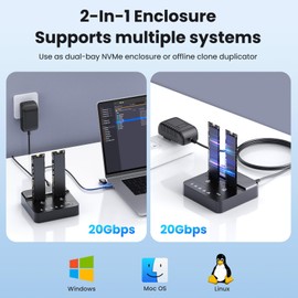 Dual Bay NVMe SSD Cloner Duplicator - 20Gbps USB 3.2 Gen 2x2 M.2 Enclosure Dock, Tool-Free Offline Clone Dock for PCIe M.2 SSDs (M/B+M Key), Includes USB-A/C, Supports 2230 2242 2260 2280 22110