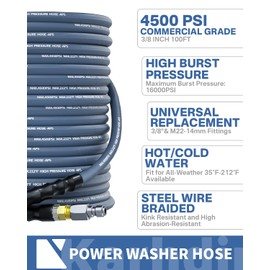 KARHDIR Pressure Washer Hose 100FT 3/8" for Cold and Hot Water 248°F, with Swivel Quick Connect, 4500PSI Kink Resistant Grade Steel Wire Braided, Power Washer Hose With 2pcs M22-14mm Adapter