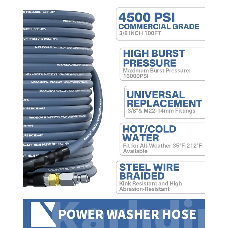 KARHDIR Pressure Washer Hose 100FT 3/8" for Cold and Hot