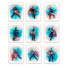 Captain America Superhero Watercolor Art Prints (Unframed) | Great Gift Set of 9 (8x10) | Perfect for Boys Room Decor