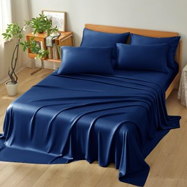 Homiest Queen Sheet Set 4pcs, 100% Rayon Derived from Bamboo Sheets, Cooling & Breathable Bedding for Hot Sleepers, Soft Luxury Sheets with 16" Deep Pocket, Hotel-Grade Silky Comfort (Navy Blue)