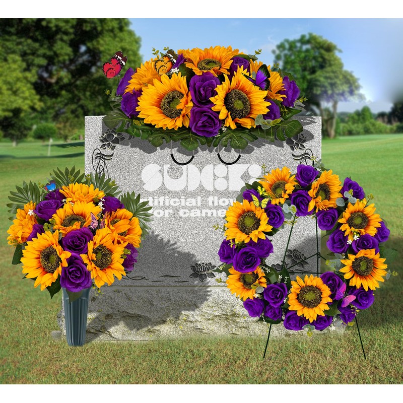 SUHOOKOO Cemetery Wreaths for Grave Decoration,Golden Sunflower and Purple Rose,