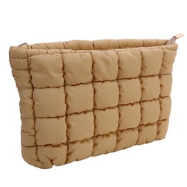 Beljeley Puffer Quilted Makeup Bag, Puffy Checkered Travel Cosmetic Pouch, Quilted Toiletry Organizer for Makeup Brushes Brown